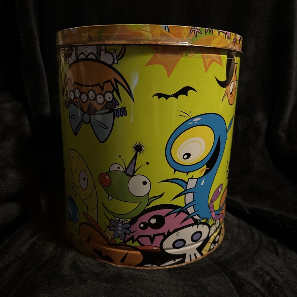 Vintage 80s Houston Harvest Tricks & Eats Monster Popcorn Halloween Tin w/ Lid